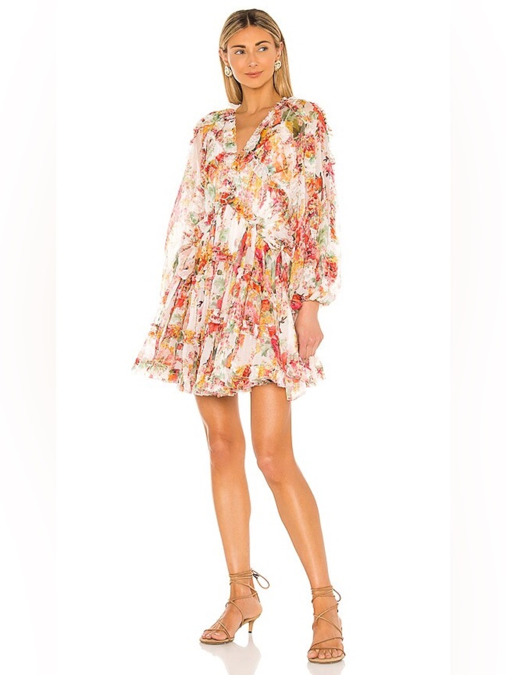 Zimmermann Mae Silk Floral Frill Billow Mini Dress – Ivory Floral NWOT